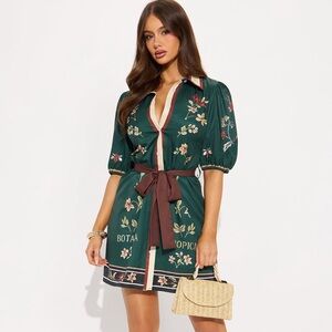 Fashion Nova Forest Green Floral Tie-Waist Mini Dress